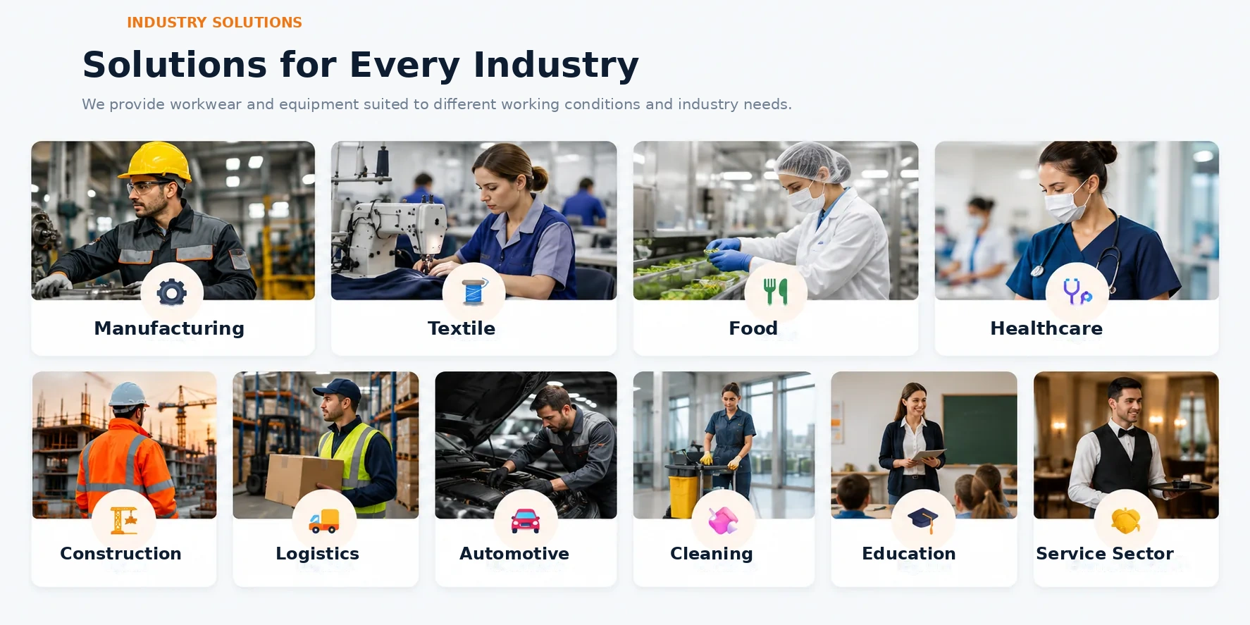 Workwear solutions for manufacturing, textiles, food, healthcare, construction, logistics, automotive, cleaning, education and service industries